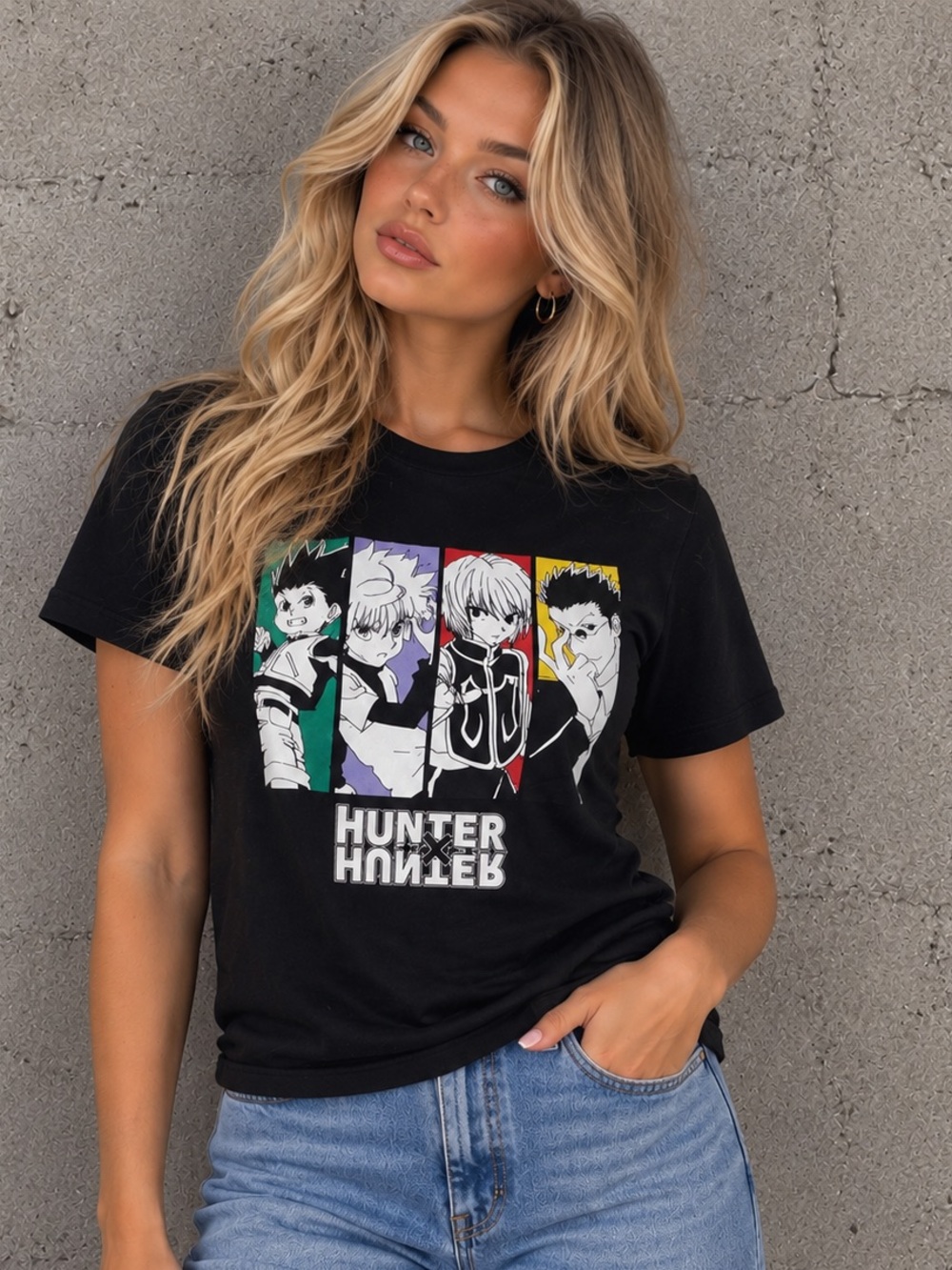 Hunter X Hunter Black Graphic Tee with Multicolor Character Panels Size XS